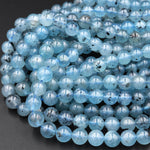 Natural Translucent Blue Aquamarine 6mm 8mm 10mm 12mm Round Beads W Black Iron Matrix 15.5&quot; Strand