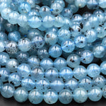Natural Translucent Blue Aquamarine 6mm 8mm 10mm 12mm Round Beads W Black Iron Matrix 15.5&quot; Strand
