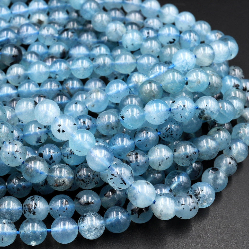 Natural Translucent Blue Aquamarine 6mm 8mm 10mm 12mm Round Beads W Black Iron Matrix 15.5&quot; Strand