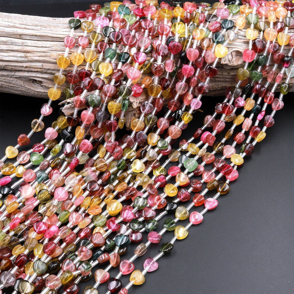 Tourmaline Heart Beads 5mm 6mm 7mm 8mm Natural Multicolor Watermelon Pink Green Yellow Gemstone 18&quot; Strand