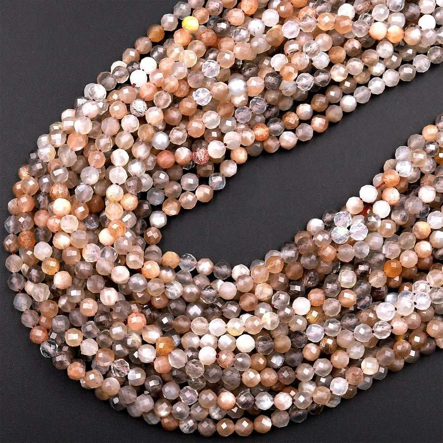 AAA Micro Faceted Natural Multicolor Peach Gray Moonstone 4mm Round Beads 15.5&quot; Strand