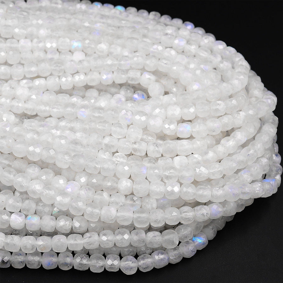 AAA Natural Blue Rainbow Moonstone Faceted 4mm Cube Dice Square Beads Micro Faceted Laser Diamond Cut 15.5&quot; Strand