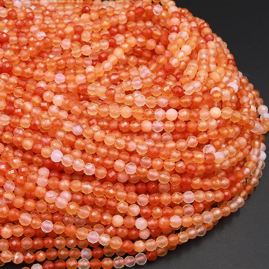 Sun Kissed AAA Micro Faceted Natural Carnelian 4mm Round Beads Diamond Cut Orange Gemstone 15.5&quot; Strand
