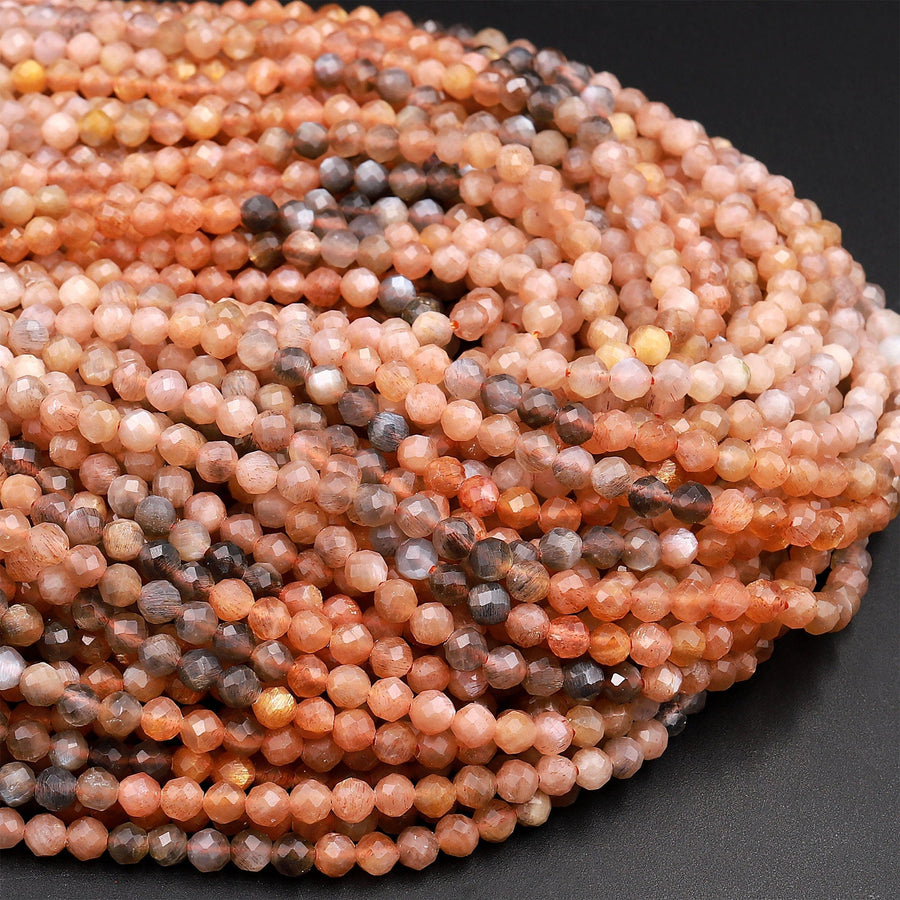 Micro Faceted Natural Multicolor Peach Gray Orange Moonstone 4mm Round Beads 15.5&quot; Strand