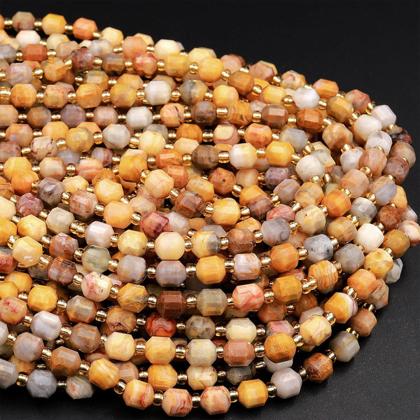 Natural Yellow Crazy Lace Agate 6mm Beads Faceted Energy Prism Double Terminated Point Cut 15.5&quot; Strand