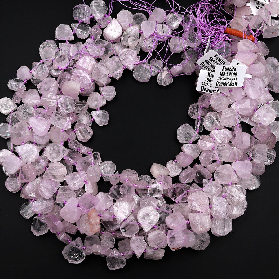 Hand Cut Natural Kunzite Beads Flat Teardrop Focal Pendant Natural Pink Violet Purple Gemstone 16&quot; Strand