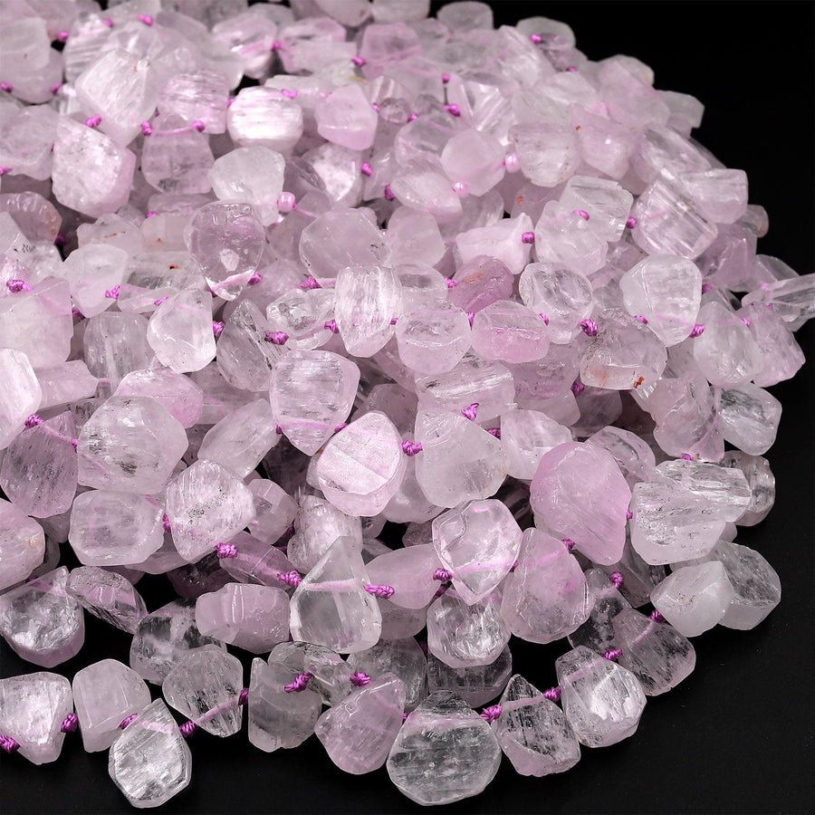 Hand Cut Natural Kunzite Beads Flat Teardrop Focal Pendant Natural Pink Violet Purple Gemstone 16&quot; Strand