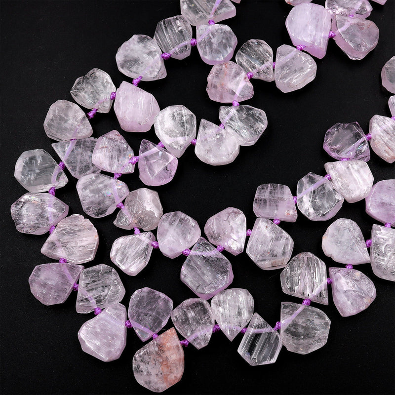 Hand Cut Natural Kunzite Beads Flat Teardrop Focal Pendant Natural Pink Violet Purple Gemstone 16&quot; Strand