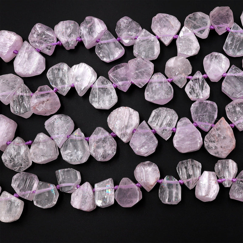Hand Cut Natural Kunzite Beads Flat Teardrop Focal Pendant Natural Pink Violet Purple Gemstone 16&quot; Strand
