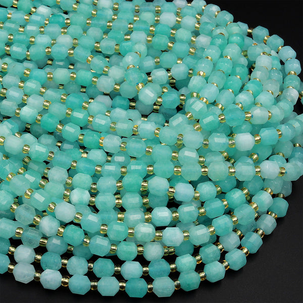 Natural Peruvian Amazonite 6mm 8mm 10mm Beads Faceted Energy Prism Double Terminated Points 15.5&quot; Strand