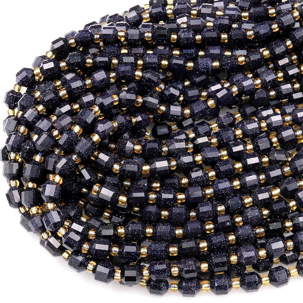 Blue Goldstone 6mm 8mm 10mm Beads Faceted Energy Prism Double Terminated Points 15.5&quot; Strand