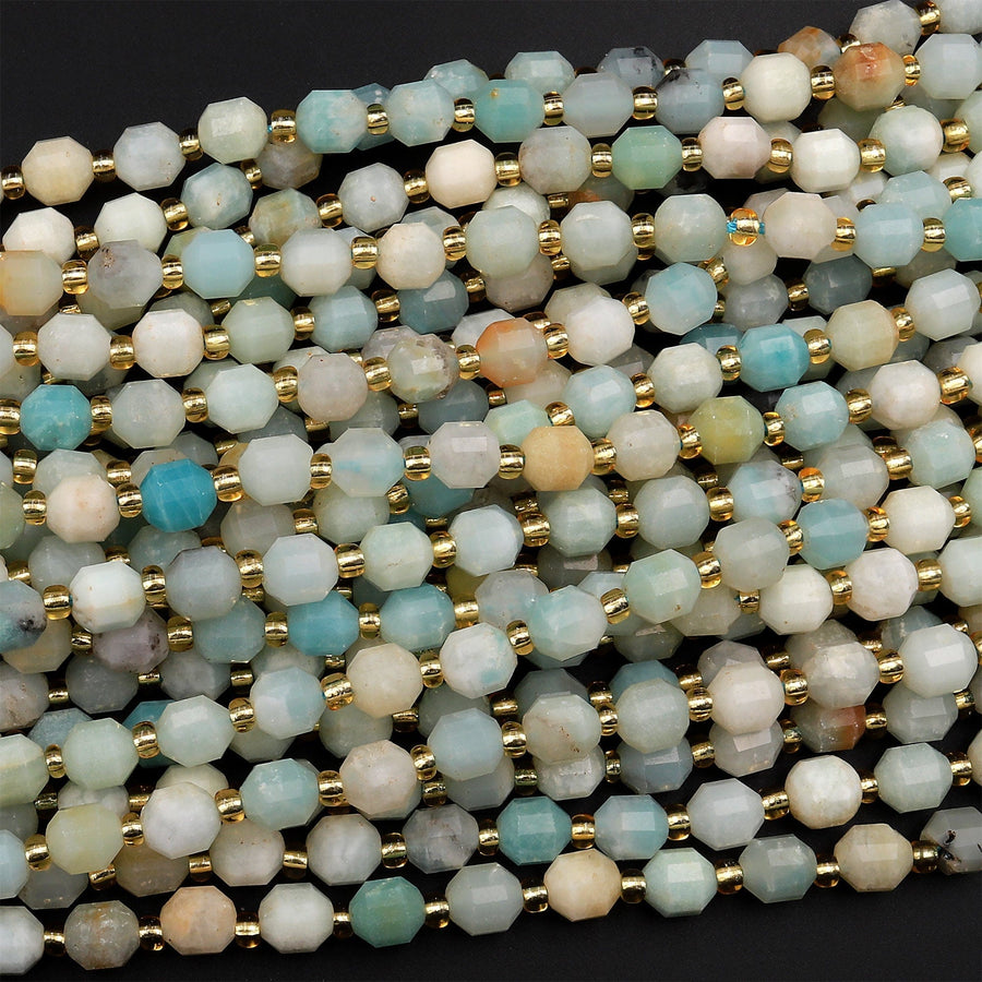 Natural Amazonite 6mm 8mm Beads Faceted Energy Prism Double Terminated Points 15.5&quot; Strand