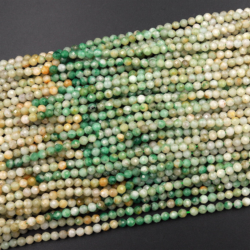 Rare Natural Brazilian Jade Faceted 3mm 4mm Round Beads Micro Diamond Cut Real Green Jade Gemstone 15.5&quot; Strand