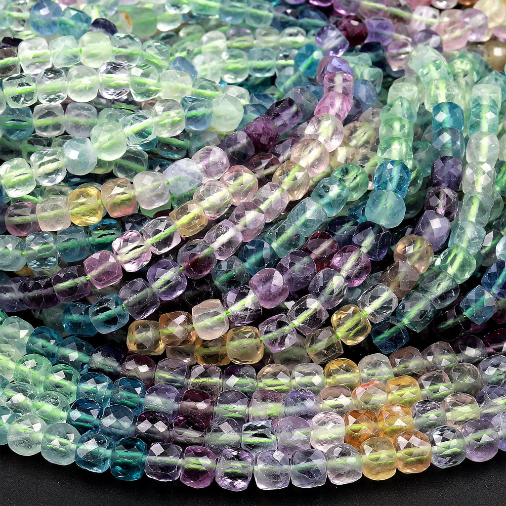 AAA Natural Fluorite Faceted 4mm Cube Square Dice Beads Vibrant Rainbow Purple Blue Green Yellow Gemstone 15.5&quot; Strand