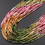 AAA Natural Multicolor Pink Green Yellow Tourmaline Micro Faceted 2mm Round Gemstone Beads 15.5&quot; Strand