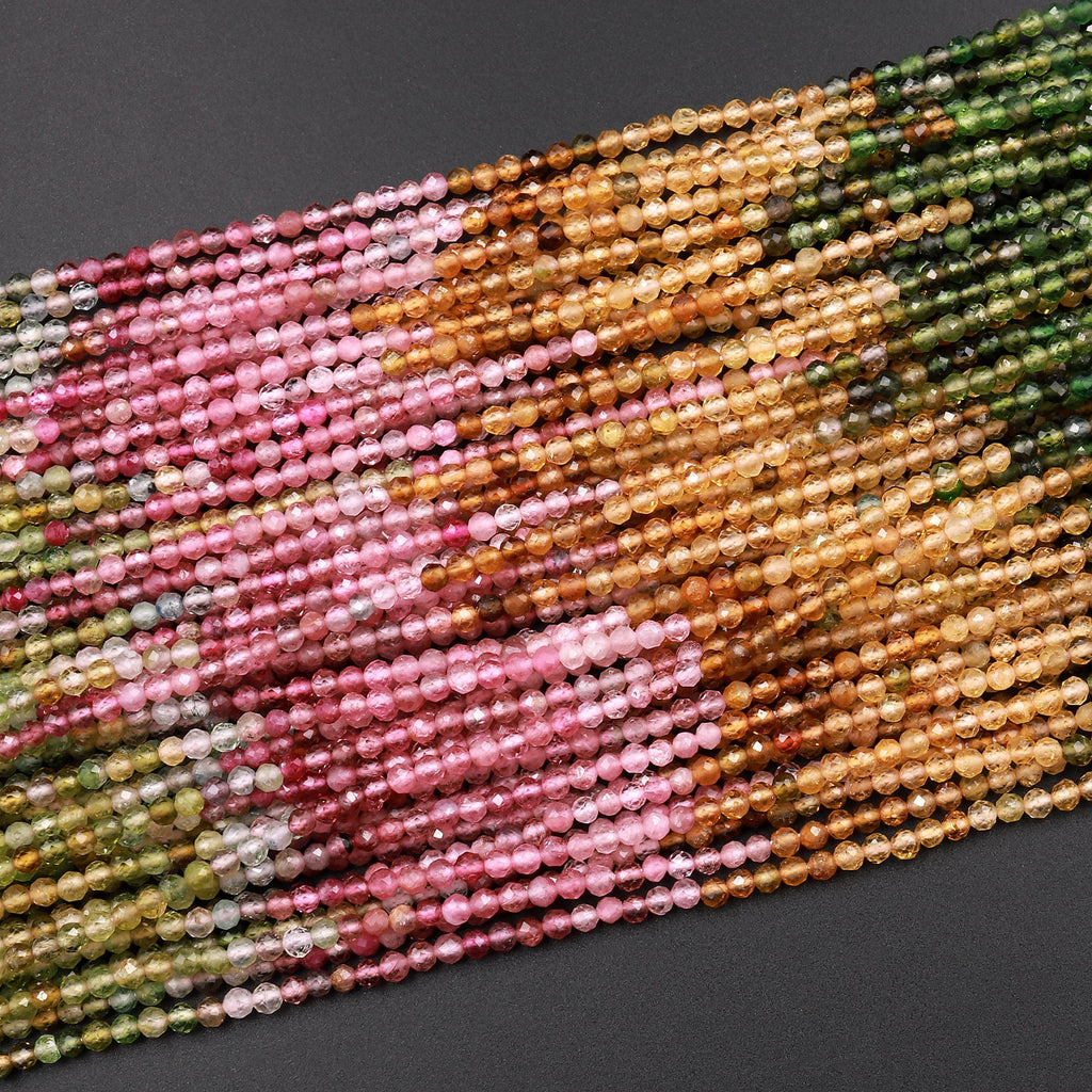 AAA Natural Multicolor Pink Green Yellow Tourmaline Micro Faceted 2mm Round Gemstone Beads 15.5&quot; Strand
