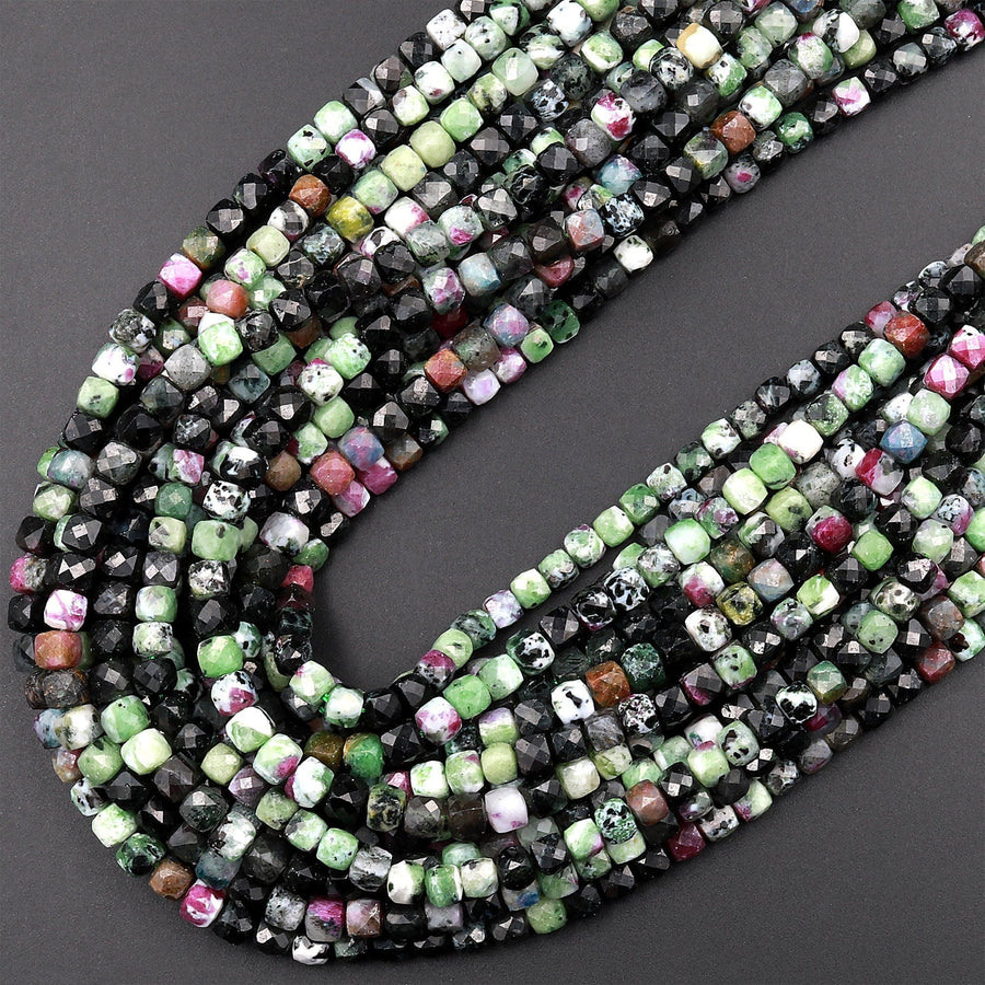 Natural Ruby Zoisite Faceted 4mm Cube Dice Square Beads Micro Faceted Laser Diamond Cut 15.5&quot; Strand