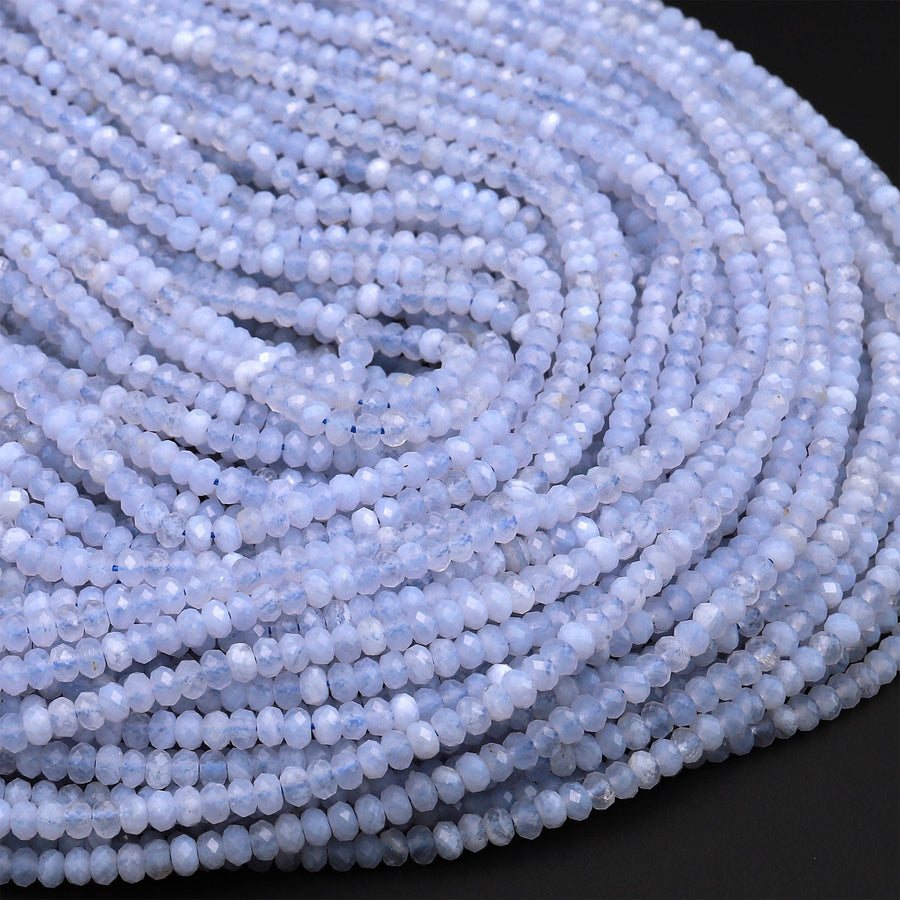 AAA Faceted Natural Blue Lace Agate 3mm Rondelle Beads Blue Chalcedony Micro Diamond Cut 15.5&quot; Strand