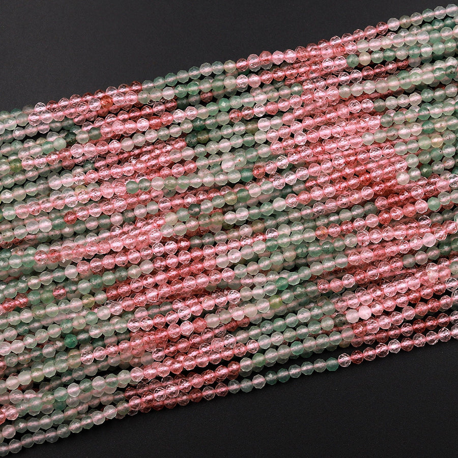 Natural Strawberry Quartz Faceted 2mm 4mm Round Beads Micro Laser Cut Pink Green Gemstone 16&quot; Strand