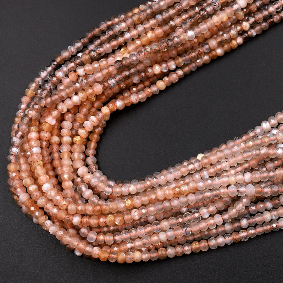 AAA Micro Faceted Natural Multicolor Peach Gray Moonstone 3mm Rondelle Beads 15.5&quot; Strand