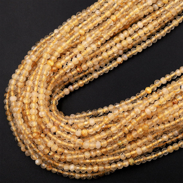 Natural Golden Rutile Quartz Faceted 3x2mm Rondelle Beads Sharp Golden Rutile Needle Gemstone 15.5&quot; Strand