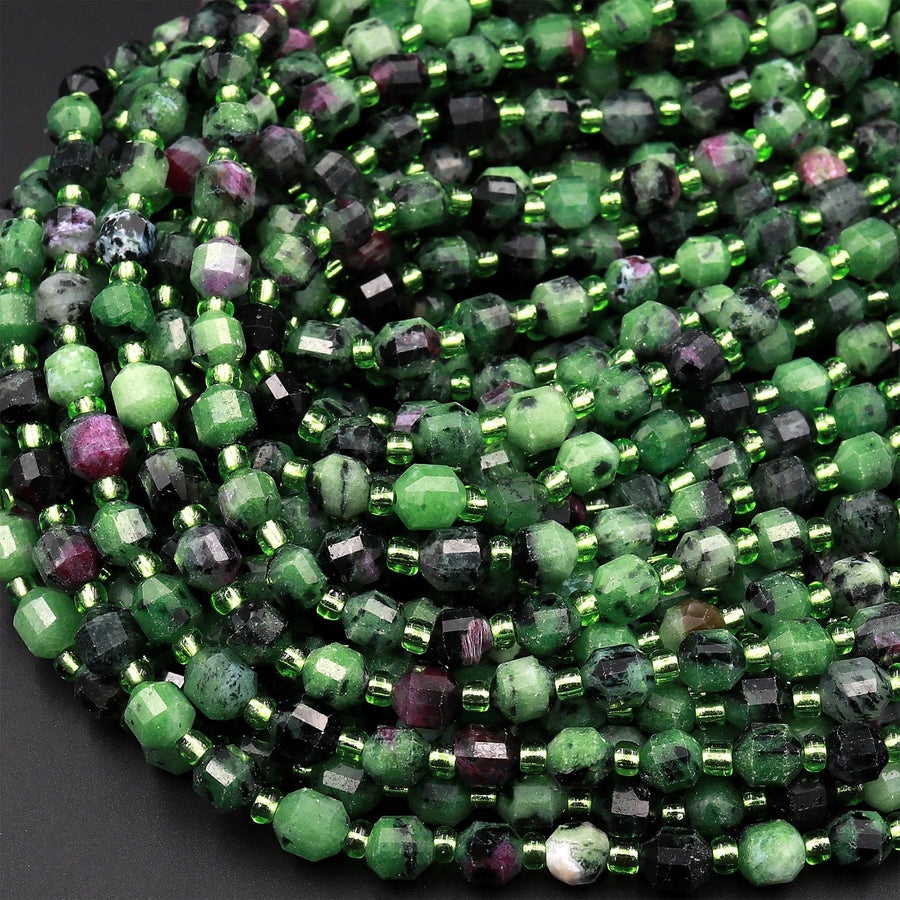 Faceted Natural Ruby Zoisite 6mm Beads Energy Prism Double Terminated Point Cut 15.5&quot; Strand