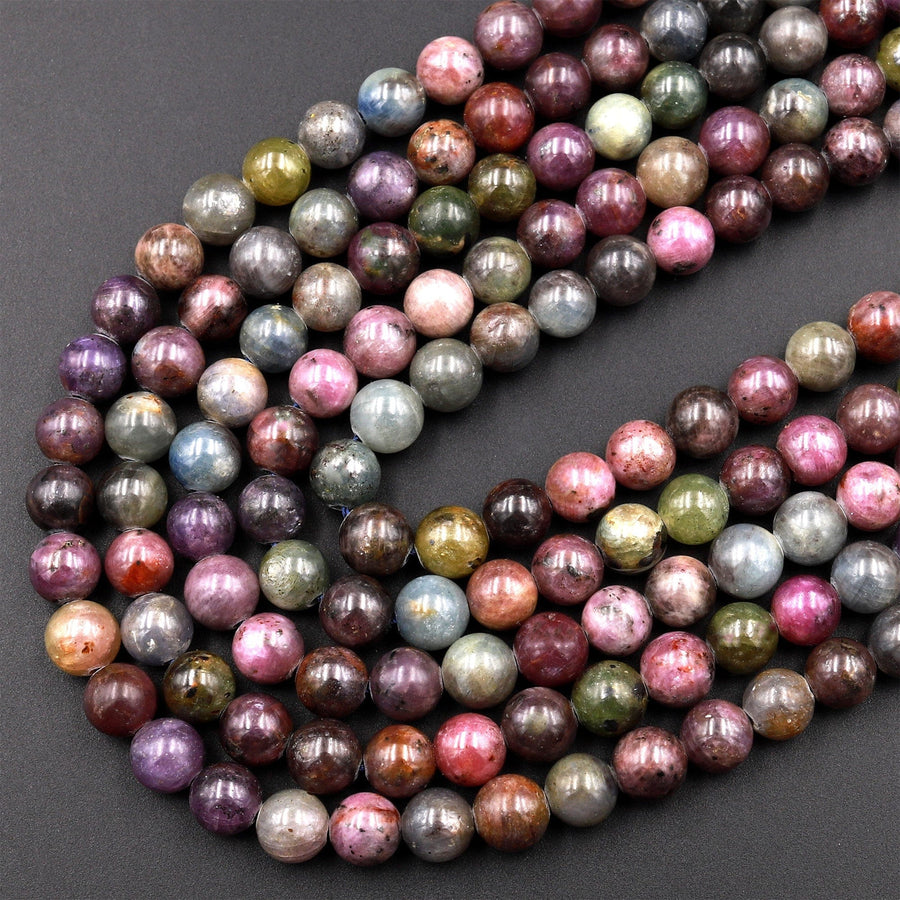 Real Genuine Sapphire 5mm 6mm Smooth Round Beads Natural Multicolor Blue Pink Red Green Gemstone 15.5&quot; Strand