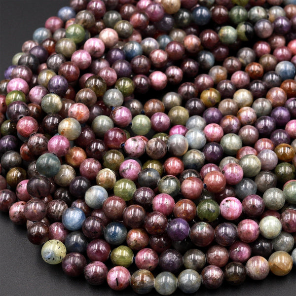 Real Genuine Sapphire 5mm 6mm Smooth Round Beads Natural Multicolor Blue Pink Red Green Gemstone 15.5&quot; Strand