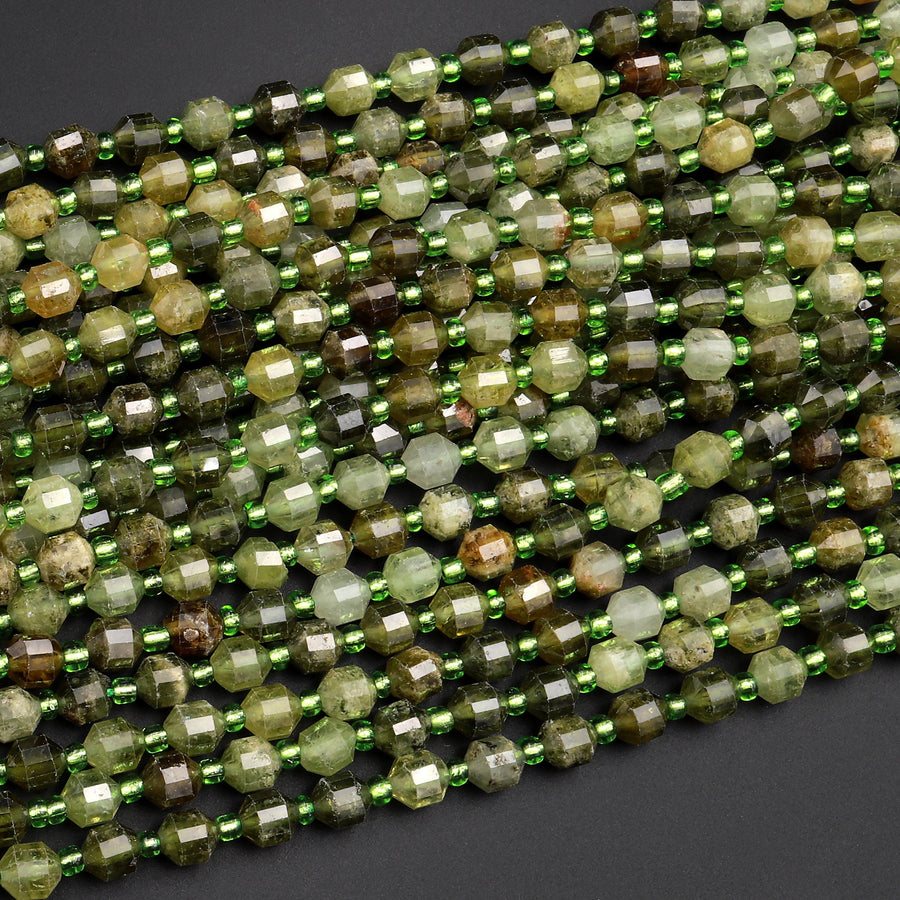AAA Faceted Natural Green Garnet 6mm Beads Energy Prism Double Terminated Point Cut Gemstone 15.5&quot; Strand