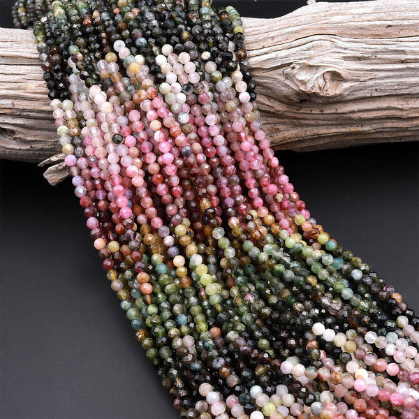 Natural Multicolor Pink Green Yellow Tourmaline Micro Faceted 3mm 4mm Round Gemstone Beads 15.5&quot; Strand