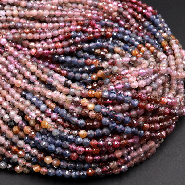 Real Genuine Burma Sapphire Faceted 3mm Round Beads Natural Multicolor Blue Plume Purple Red Pink Cognac Gemstone 15.5&quot; Strand