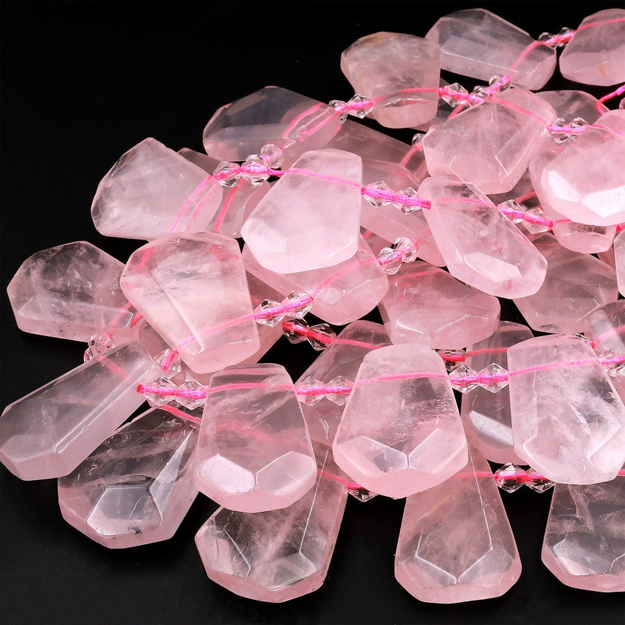 Natural Pink Rose Quartz Beads Faceted Trapezoid Tapered Teardrop Top Side Drilled Flat Slice Pendant 16&quot; Strand