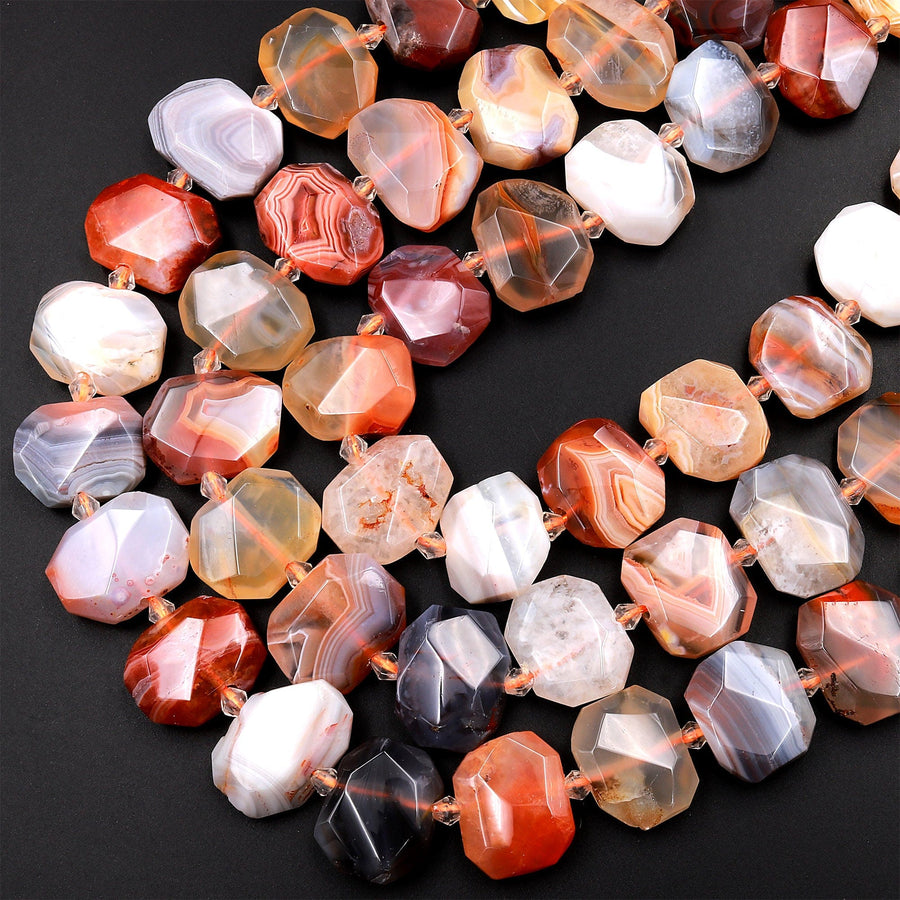 Faceted Botswana Agate Slab Cushion Rectangle Rectangular Beads With Amazing Red Orange Gray Veins Bands 16&quot; Strand