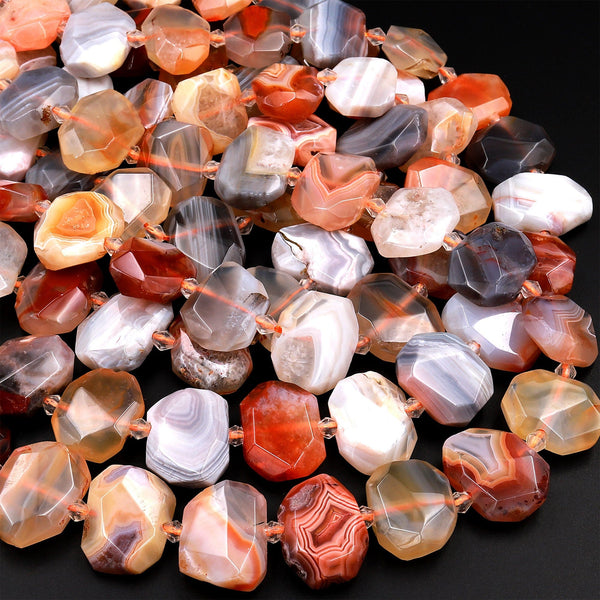 Faceted Botswana Agate Slab Cushion Rectangle Rectangular Beads With Amazing Red Orange Gray Veins Bands 16&quot; Strand