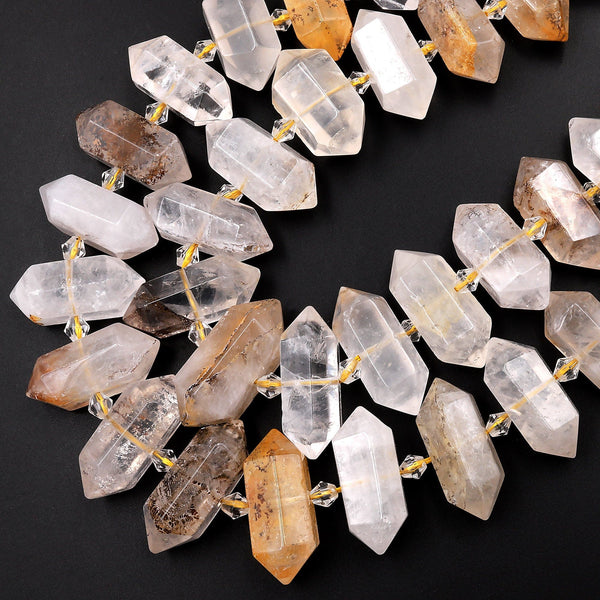 Natural Dendritic Quartz Beads Faceted Double Terminated Points Center Drilled Focal Pendant 15.5&quot; Strand