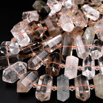Natural Phantom Smoky Quartz Beads Faceted Double Terminated Points Center Drilled Lodalite Pendant 15.5&quot; Strand