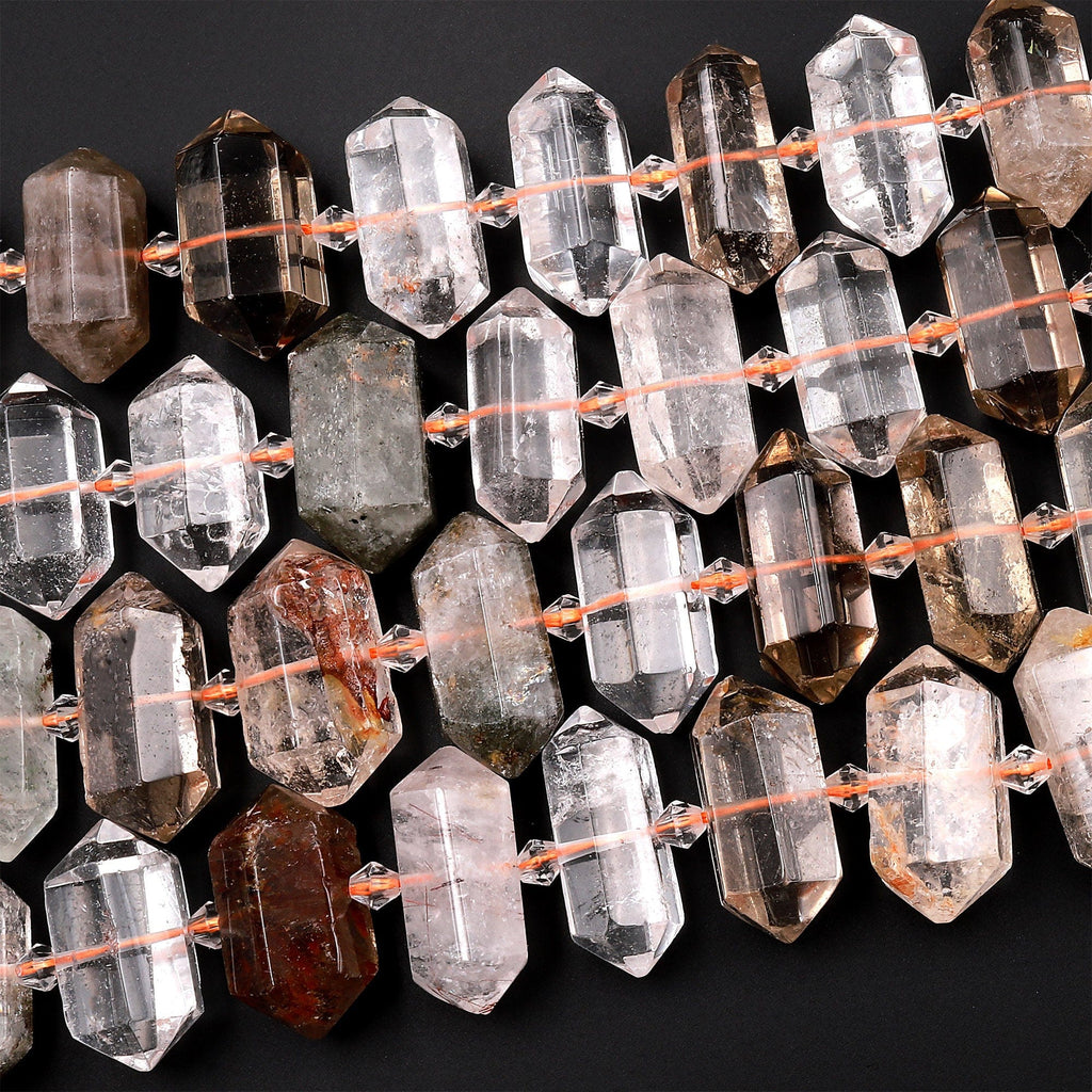 Natural Phantom Smoky Quartz Beads Faceted Double Terminated Points Center Drilled Lodalite Pendant 15.5&quot; Strand