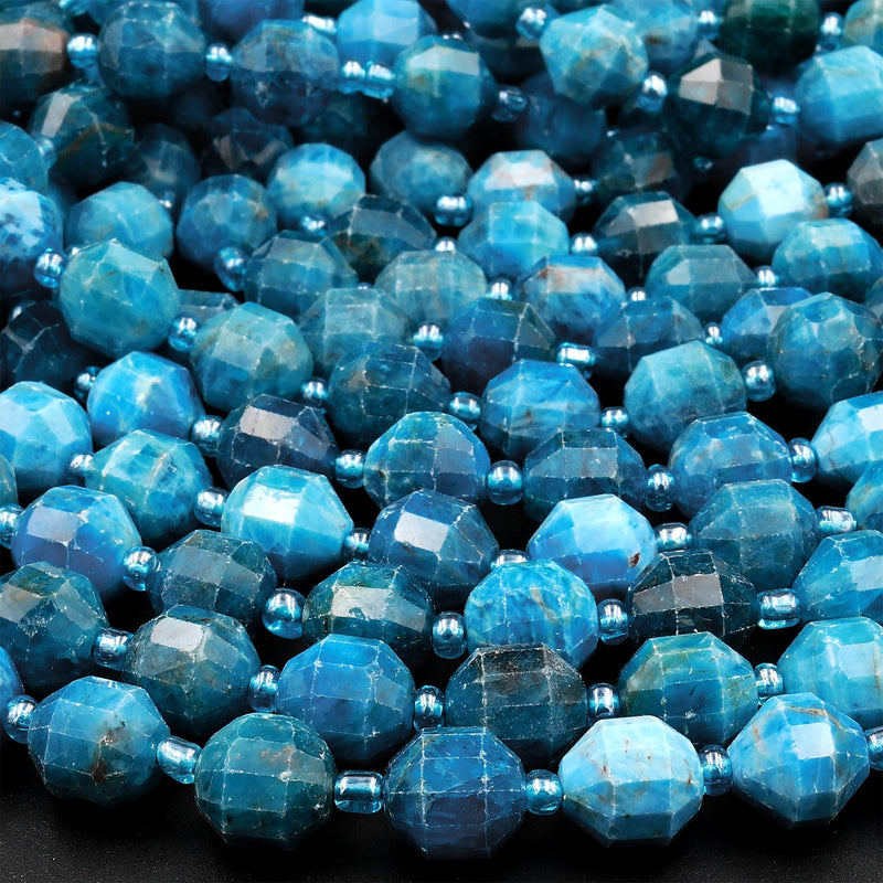 AA Natural Apatite 8mm 10mm Beads Faceted Energy Prism Double Terminated Points 15.5&quot; Strand