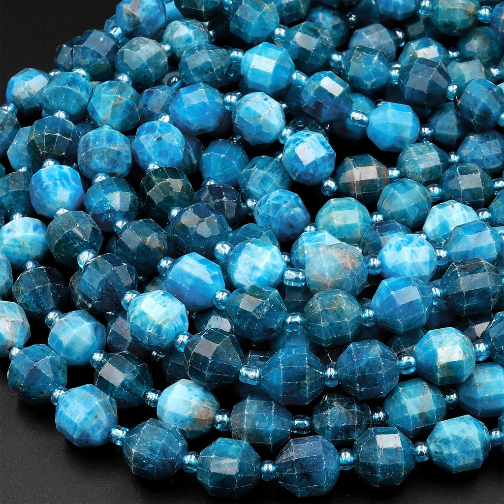 AA Natural Apatite 8mm 10mm Beads Faceted Energy Prism Double Terminated Points 15.5&quot; Strand
