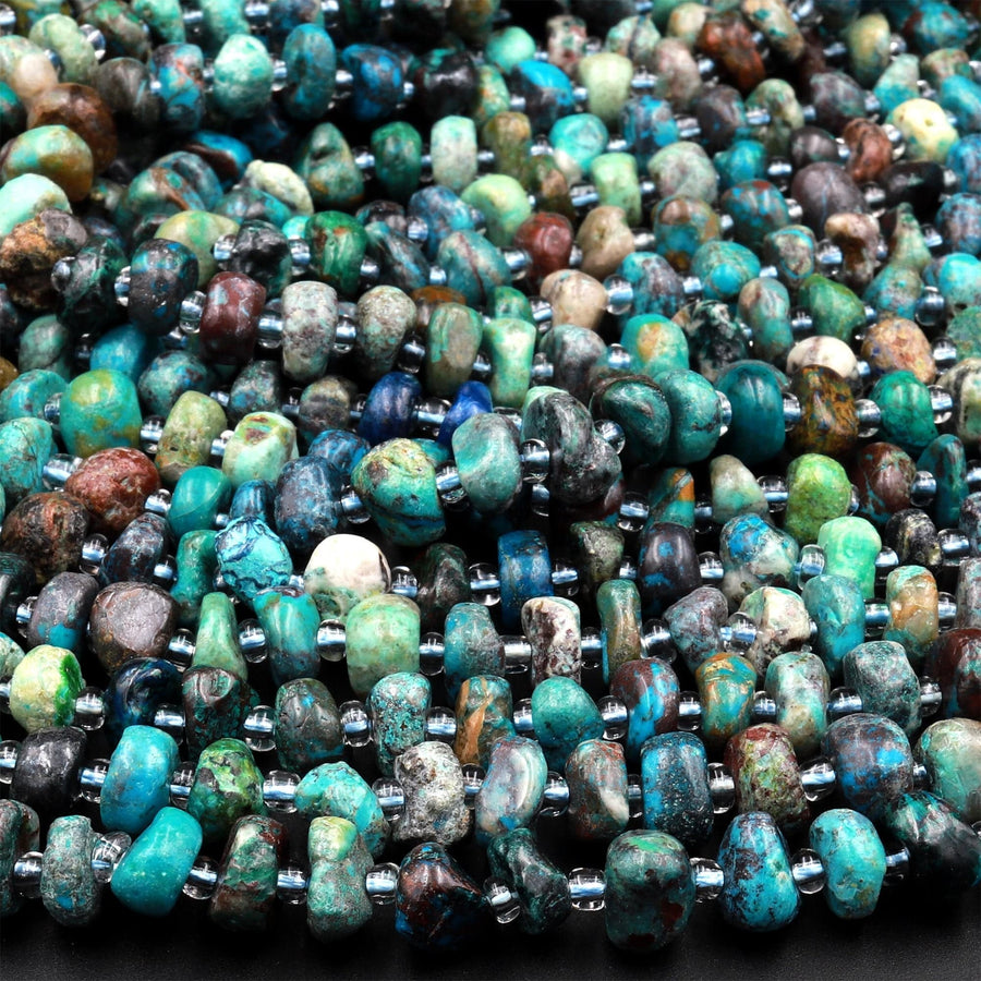 Natural Chrysocolla Beads 6mm 8mm Freeform Center Drilled Rondelle Disc Organic Cut Nuggets 15.5&quot; Strand