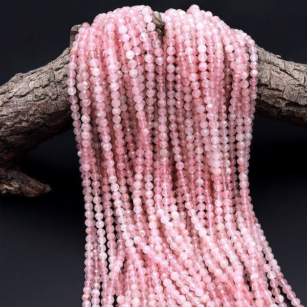 Genuine Madagascar Pink Rose Quartz Micro Faceted 4mm Round Beads Diamond Cut Pink Gemstone 16&quot; Strand