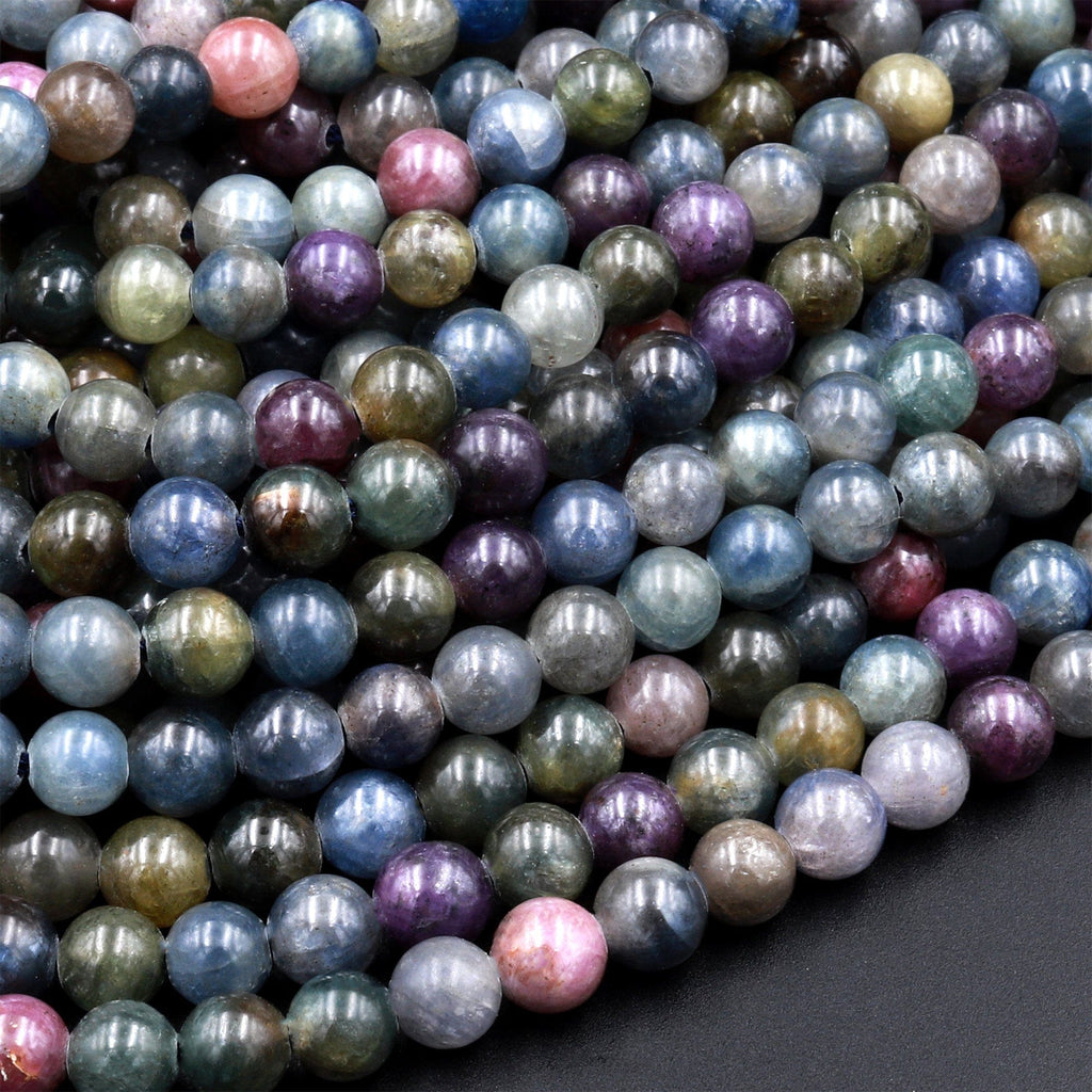 Real Genuine Sapphire 5mm Smooth Round Beads Natural Multicolor Blue Pink Red Green Gemstone 15.5&quot; Strand