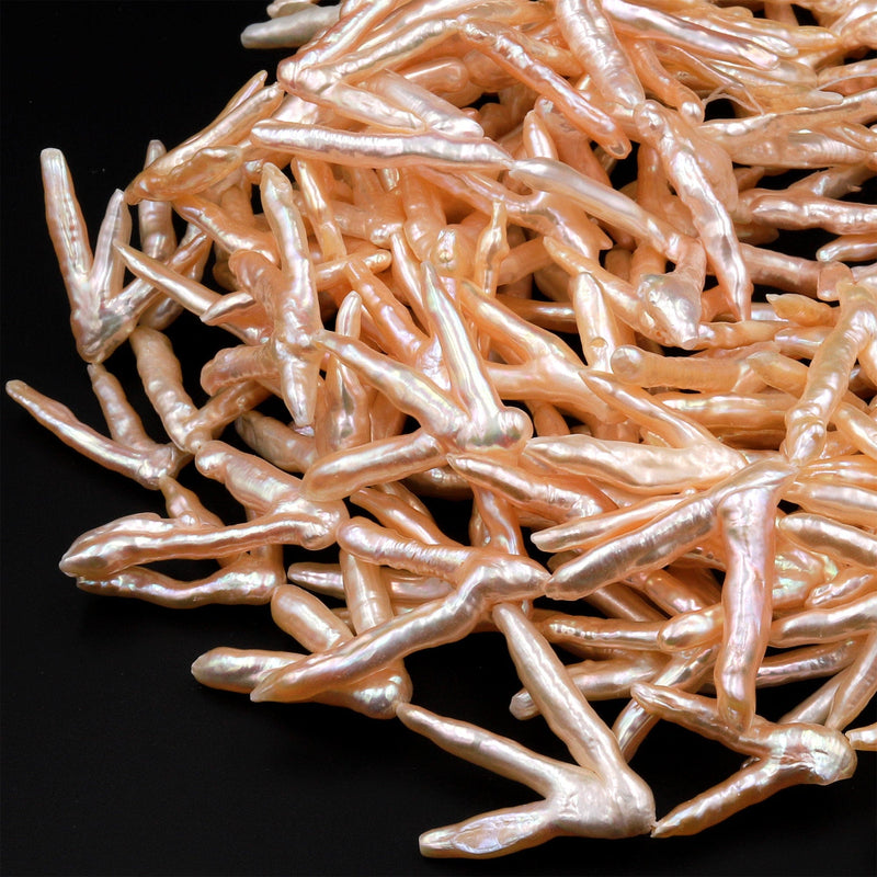 Freeform Natural Peach Pink Biwa Pearl Long Stick Branch Pearl Pendant Genuine Freshwater Pearl 16&quot; Strand