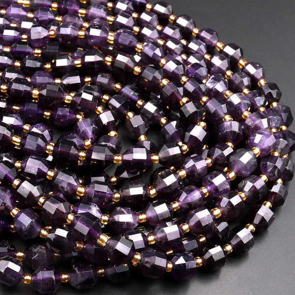 AAA Natural Dark Purple Amethyst 6mm 8mm 10mm Beads Faceted Energy Prism Double Point Cut 15.5&quot; Strand