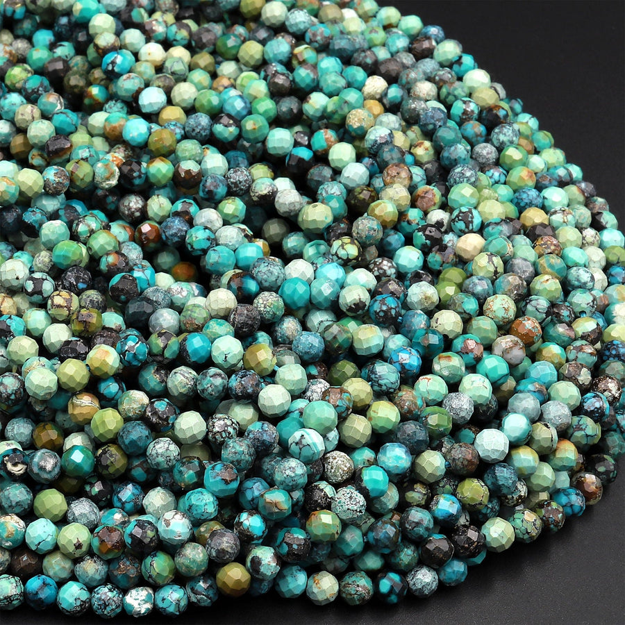 Natural Dragon Skin Turquoise Faceted 3mm 4mm 5mm Round Beads Real Genuine Turquoise Micro Faceted Diamond Cut 15.5&quot; Strand
