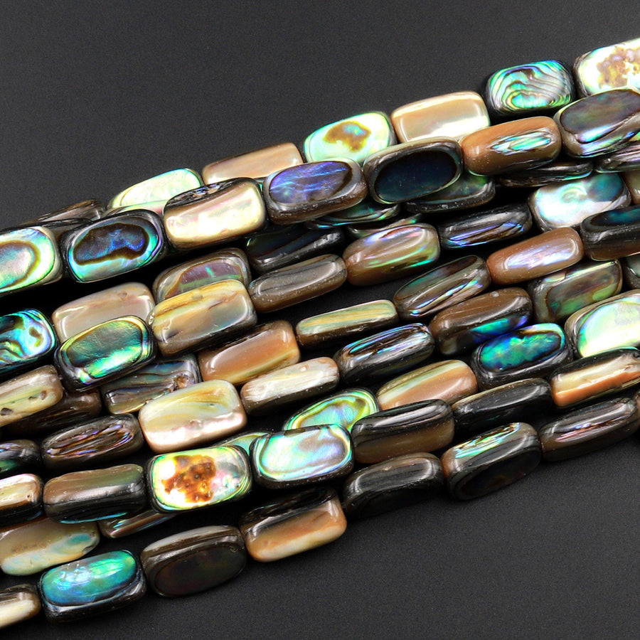 AAA Natural Abalone Tube Rectangle Beads Iridescent Rainbow Glow Blue Green Red Pink Flash 15.5&quot; Strand