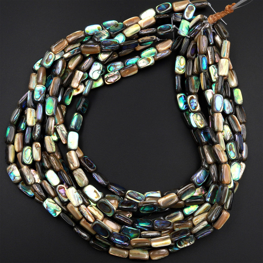 AAA Natural Abalone Tube Rectangle Beads Iridescent Rainbow Glow Blue Green Red Pink Flash 15.5&quot; Strand