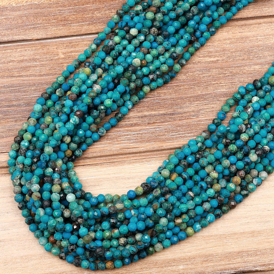 Natural Turquoise 3mm Faceted Round Beads Real Genuine Vibrant Blue Turquoise Micro Diamond Cut 15.5&quot; Strand