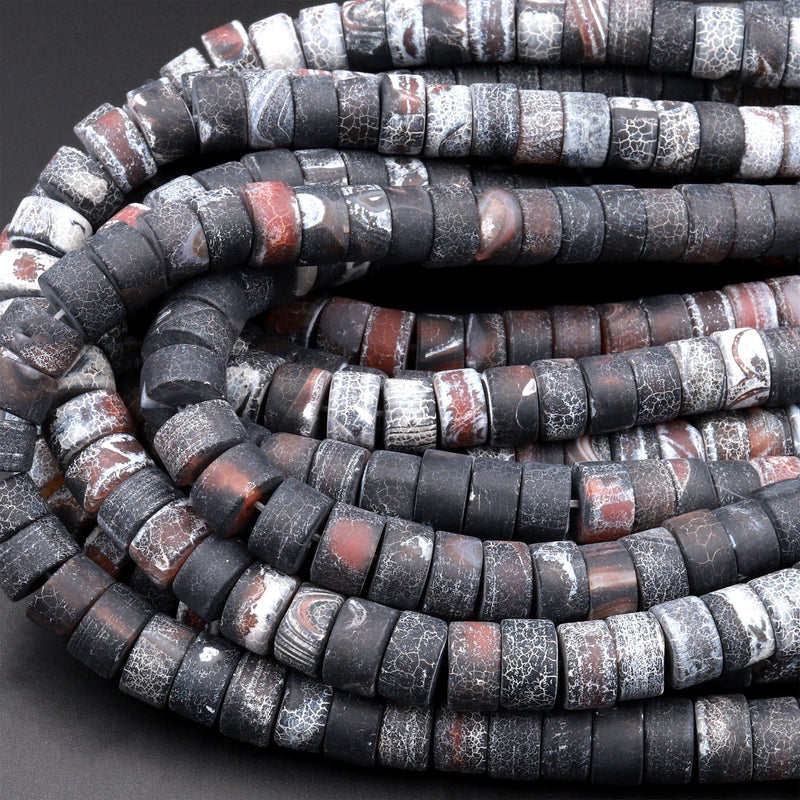 Matte Finish Tibetan Fire Agate Beads 10mm Smooth Rondelle Wheel Black Orange Red Cracked Dragon Skin Agate 15.5&quot; Strand