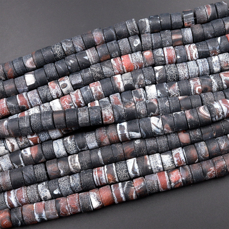 Matte Finish Tibetan Fire Agate Beads 10mm Smooth Rondelle Wheel Black Orange Red Cracked Dragon Skin Agate 15.5&quot; Strand